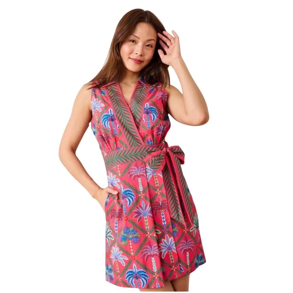 Printfresh Palm Tree Paradise Lucia Wrap Dress Cocktail Umbrella Size M NEW